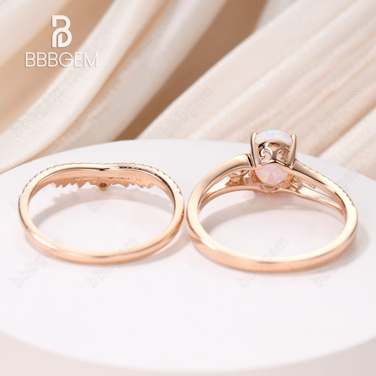 Opal Engagement Ring Set Rose Gold 2pcs-oval lab opal wedding ring set-opal diamond statement ring set