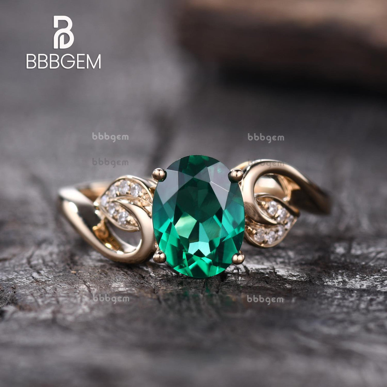Oval Emerald Nature Inspired Engagement Ring-Emerld Diamond Lead Engagement Rings-Lab Emerald Leaves Inspired Yellow Gold Rings