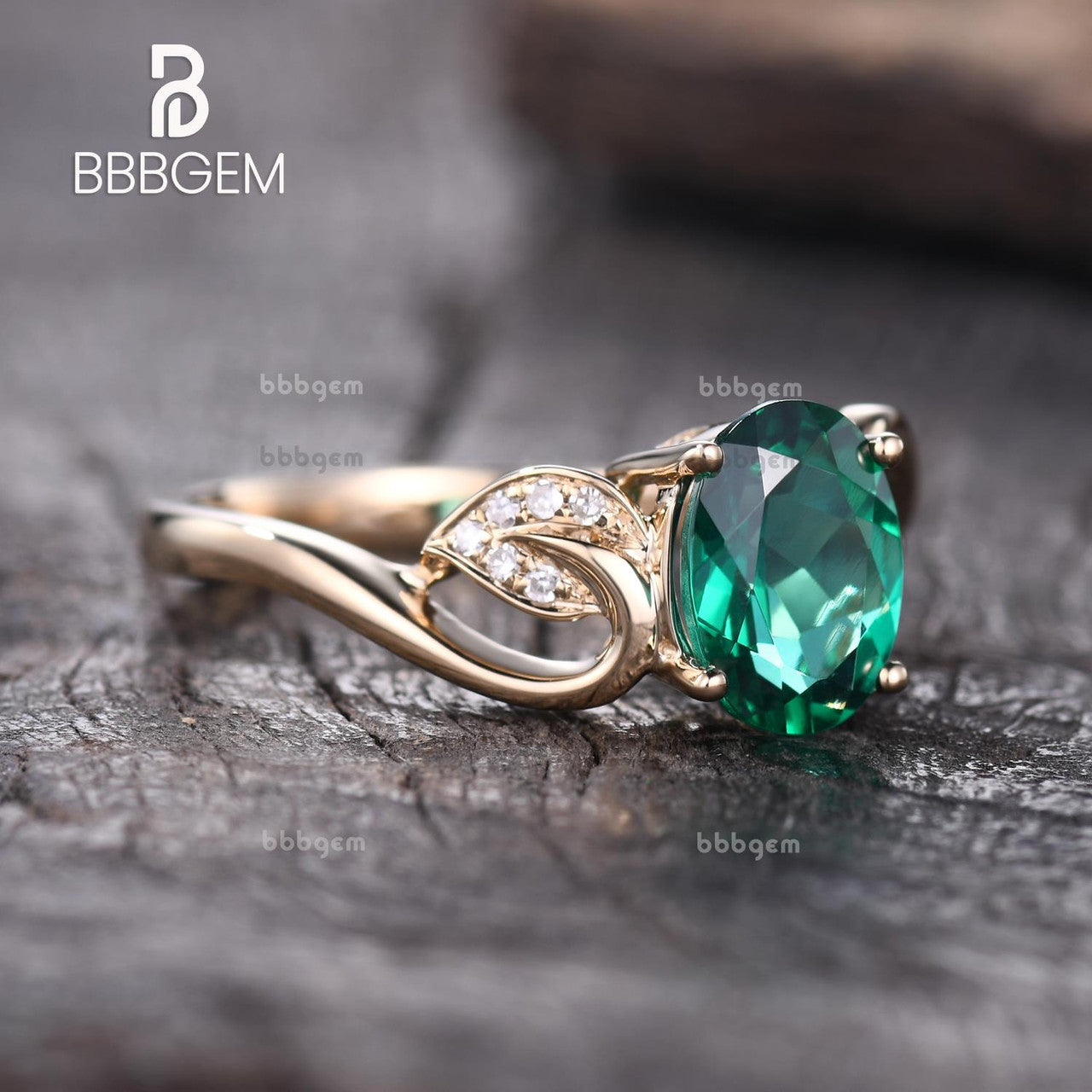 1.2 Carat Emerald Engagement Ring Set Diamond Matching Band Rose Gold Vintage Flower Stacking 14K/18K