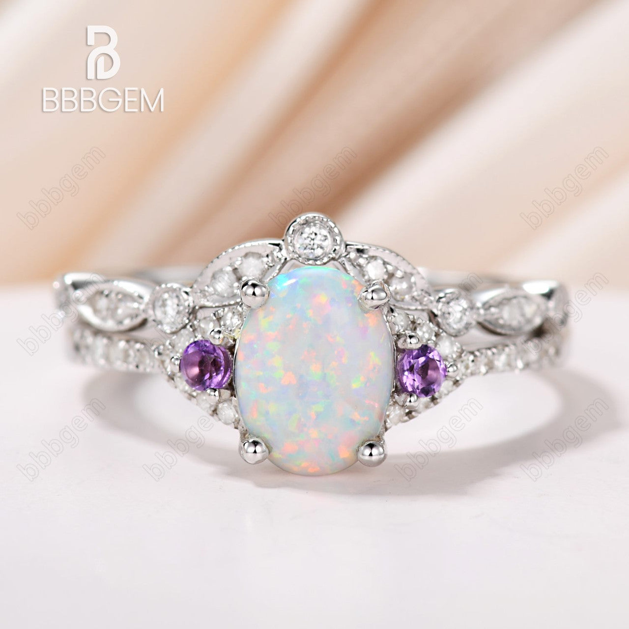 Oval Opal Diamond Engagement Ring 14K White Gold Art Deco Amethyst Ring