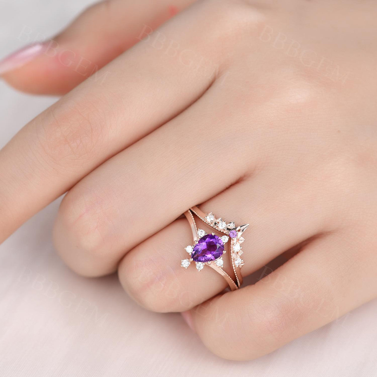 Pear Shape Amethyst Wedding Ring Set-Purple Crystal Shaped Band Ring-BBBGEM Amethyst Jewelry Set