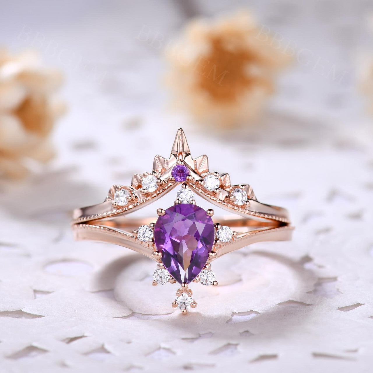 Pear Shape Amethyst Wedding Ring Set-Purple Crystal Shaped Band Ring-BBBGEM Amethyst Jewelry Set