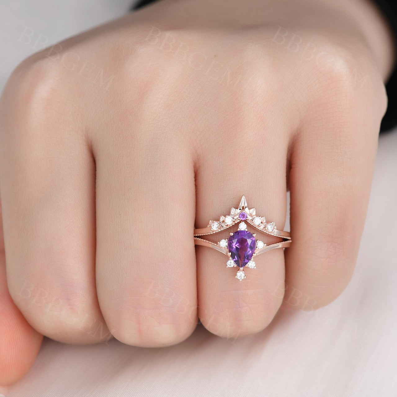 Pear Shape Amethyst Wedding Ring Set-Purple Crystal Shaped Band Ring-BBBGEM Amethyst Jewelry Set
