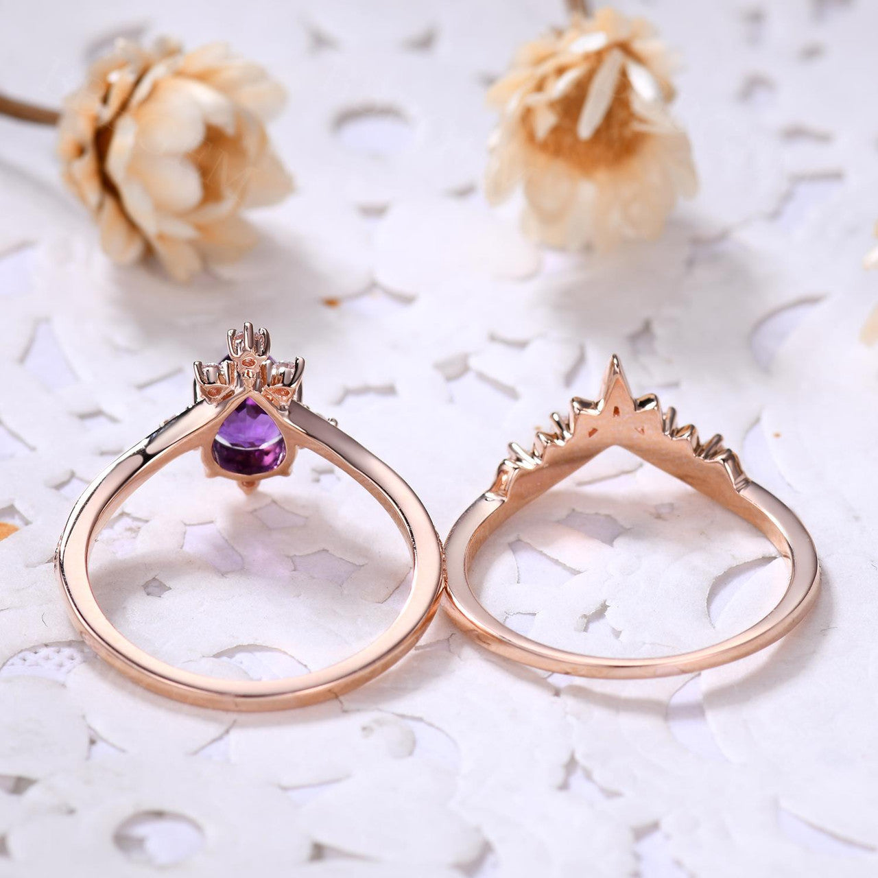 Pear Shape Amethyst Wedding Ring Set-Purple Crystal Shaped Band Ring-BBBGEM Amethyst Jewelry Set