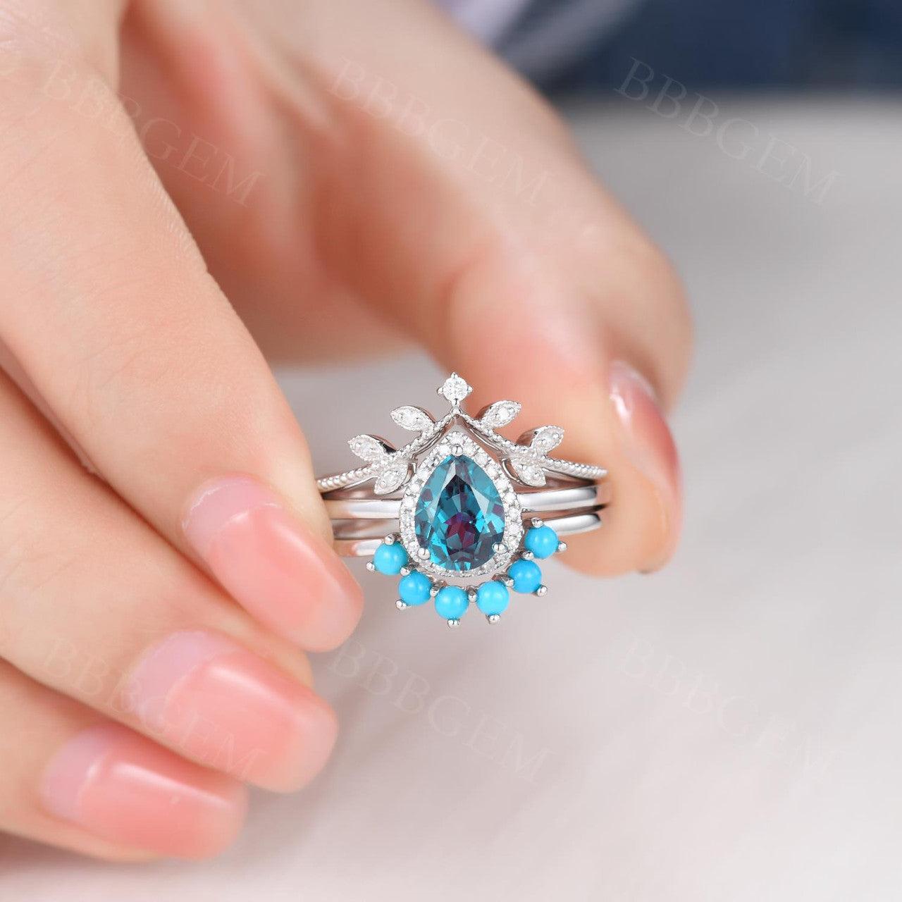 Pear Shaped Alexandrite Engagement Ring Set Leaf Diamond And Turquoise Ring 14K White Gold