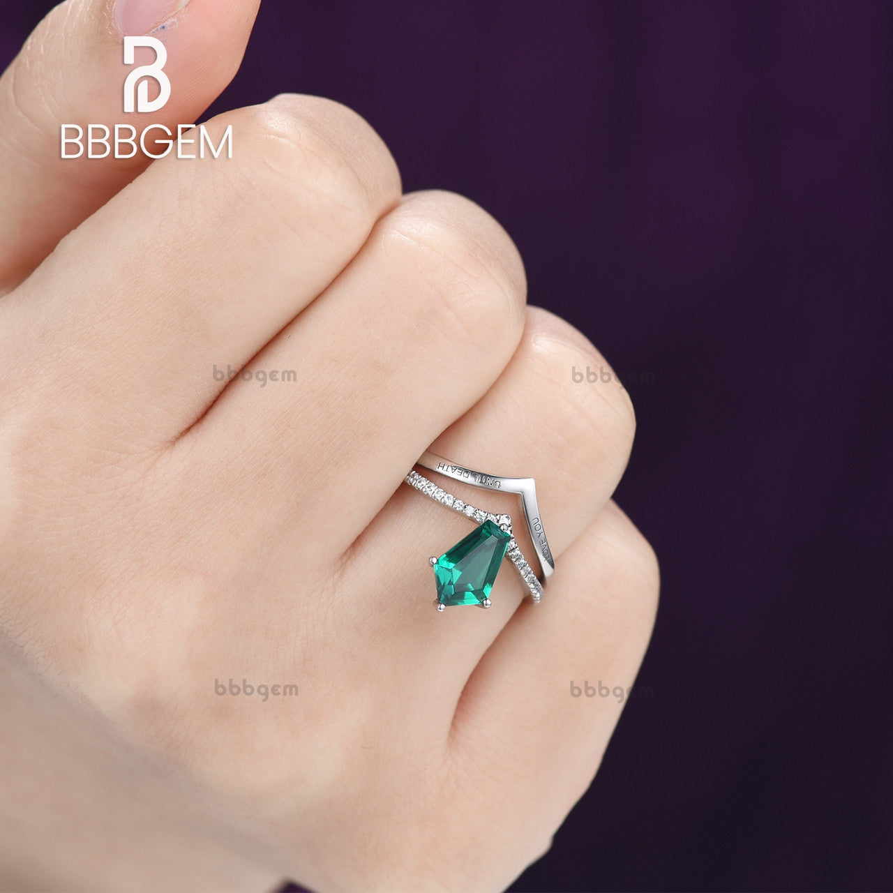Pentagon Cut Emerald White Gold Delicate Engagement Ring-Elongated pentagon emerald ring set white gold shaped band-bbbgem emerald ring set