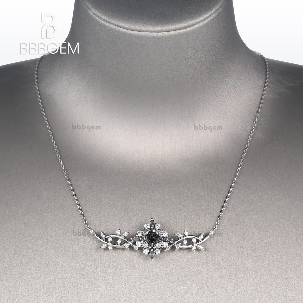 Personalized 14K Gold Cluster Princess Necklace-Black Rutilated Quartz Filigree Art Women Princess Necklace-Black Tourmaline and Diamond Gemstone Necklace Jewelry Party Wear-Gemstone Pendant Necklace Gift