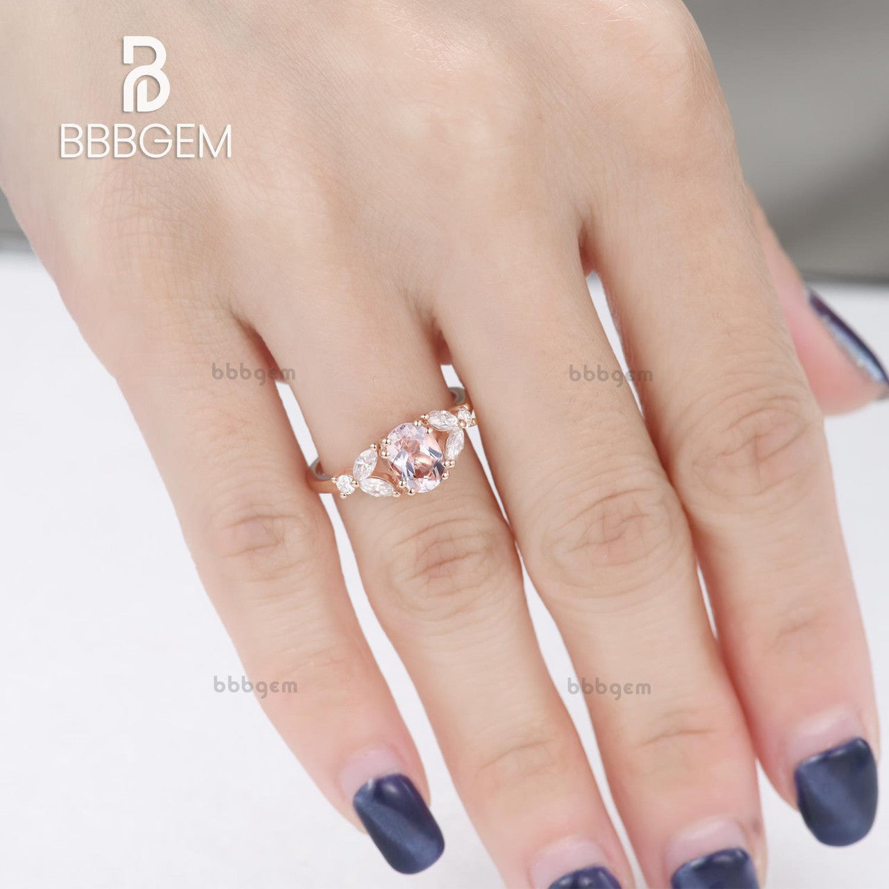 Pink Morganite and Marquise Moissanite Engagement Ring in Solid 14k Rose Gold