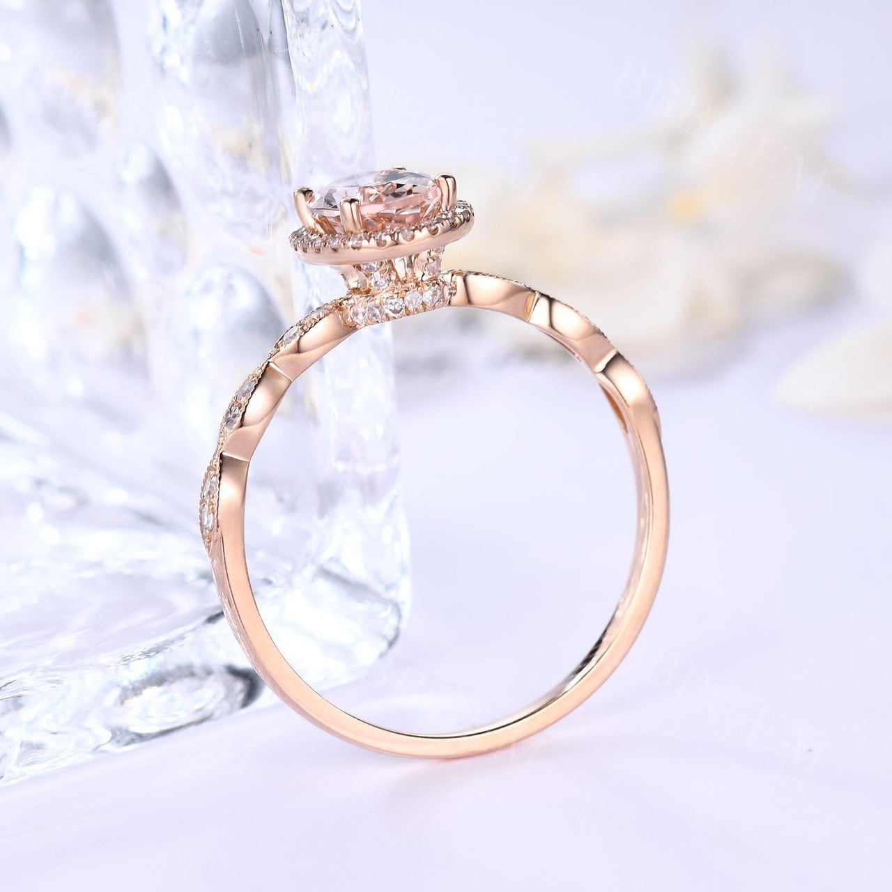 Gemstone Halo Engagement Ring-14kt Scalloped Wedding Band Gemstone rose gold engagement ring