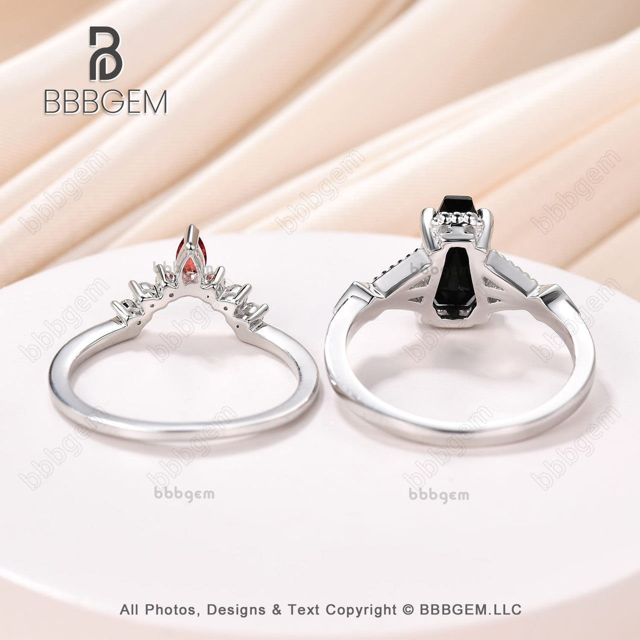 Platinum Coffin Black Spinel Diamond Wedding Set 9x6mm Coffin Shaped Onyx Ring Set With Natural Garnet -bbbgem