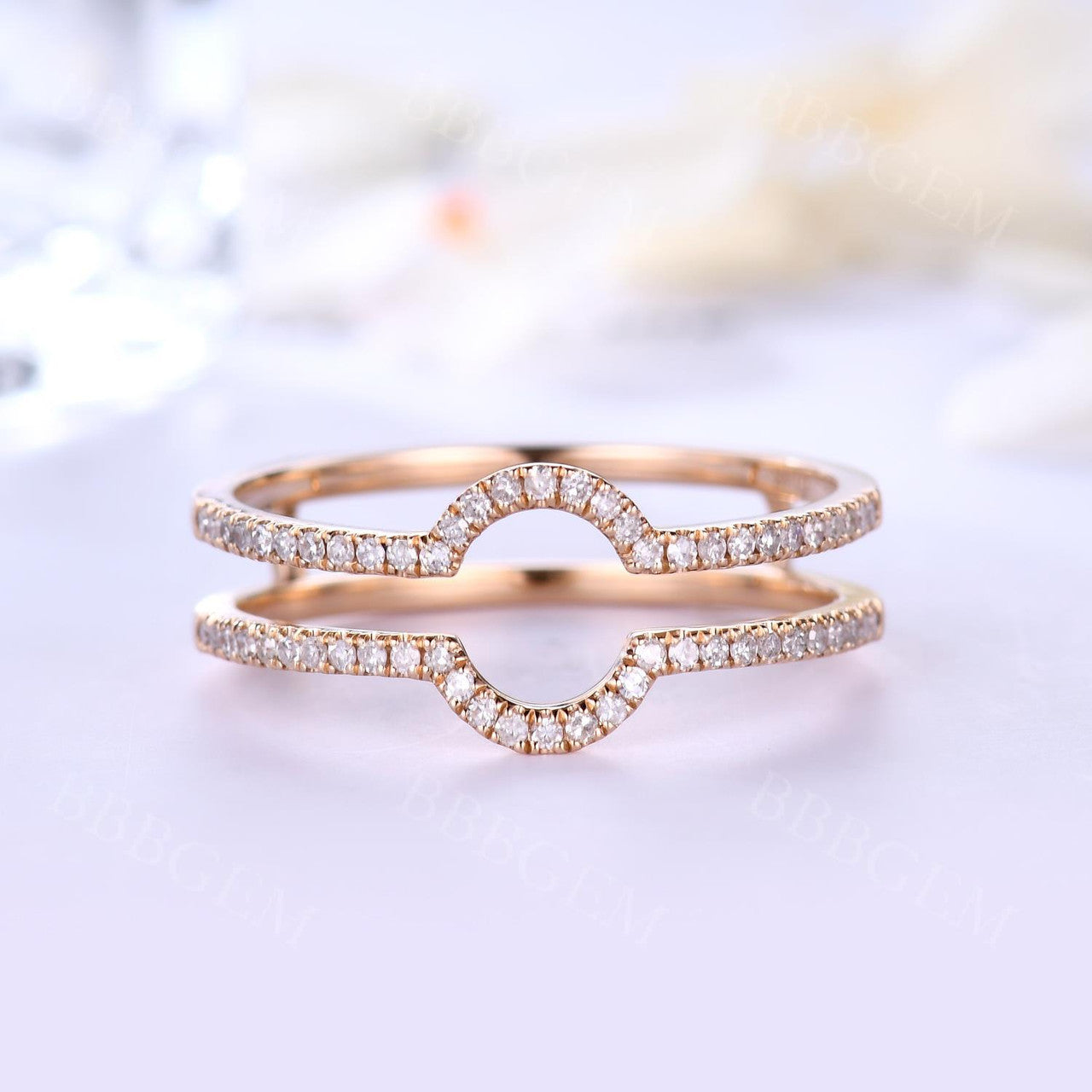 Prong-Set Diamond Double Ring-Delicate Open Shank Diamond Fashion Ring-Double Row Diamond Enhancer Bands Euro Style Double Band Diamond Pave Rose Gold