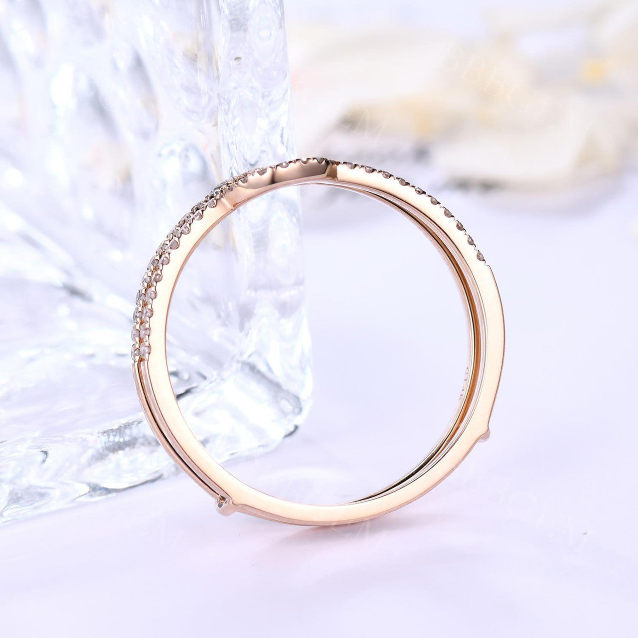 Prong-Set Diamond Double Ring-Delicate Open Shank Diamond Fashion Ring-Double Row Diamond Enhancer Bands Euro Style Double Band Diamond Pave Rose Gold