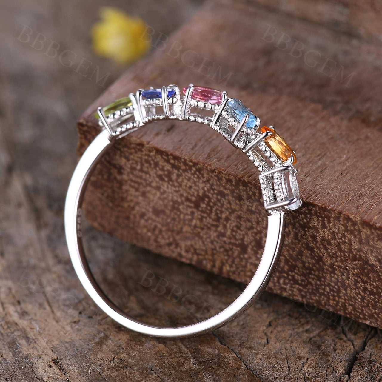 Rainbow Gemstone Band- Rainbow Birthstone Wedding Band in 14k White Gold-Marquise Cut Flori Ring-Multi-color Gemstone Ring Band Women