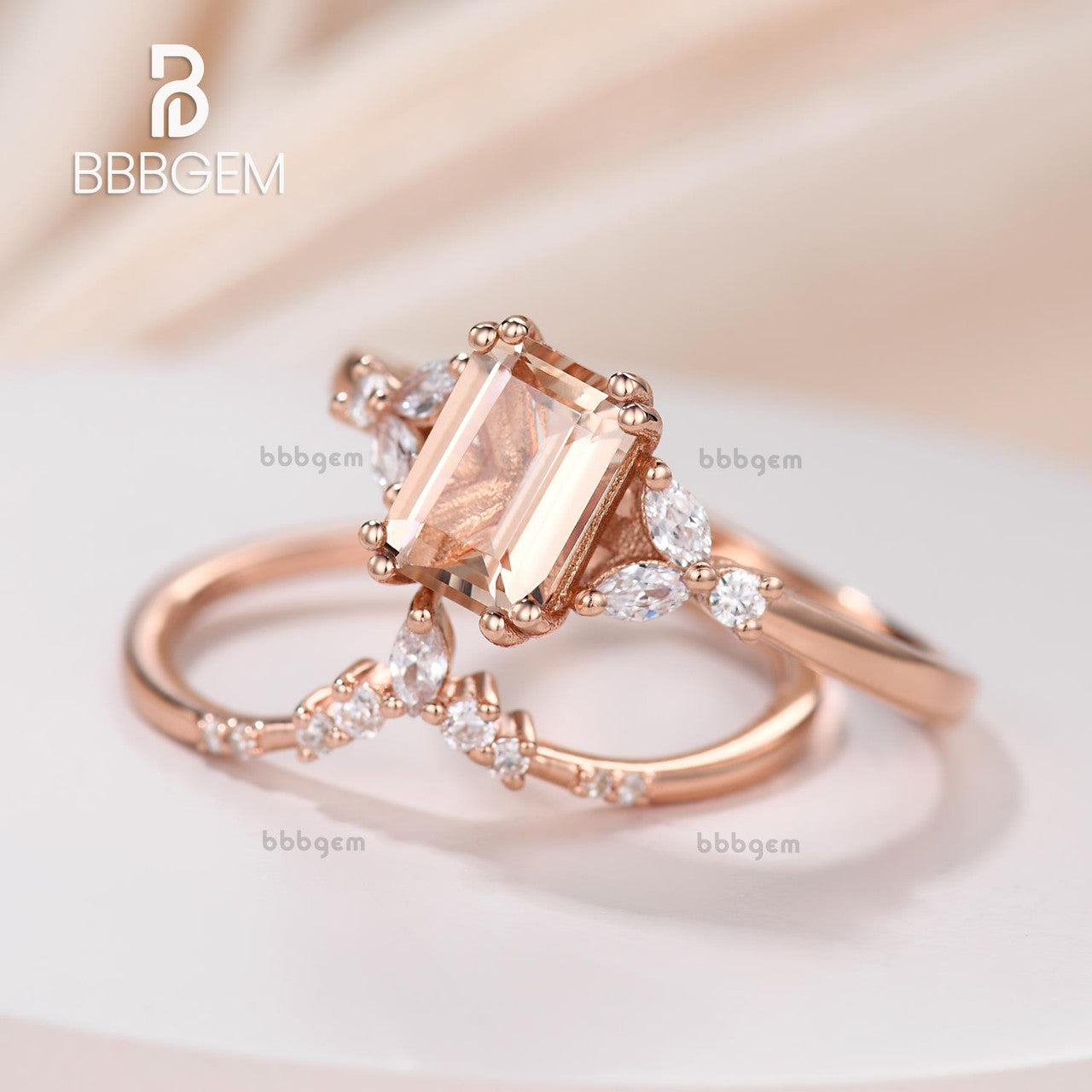 Rose Gold Emerald Shape Morgantie Sidestones Ring Set-Emerald Cut Natural Morganite Wedding Ring Set Diamond Nesting Band-bbbgem women bridal ring