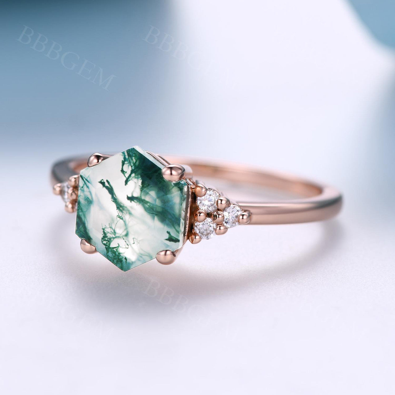 Vintage Rose Gold Hexagon Cut Moss Agate Engagement Ring Diamond 6-Stones Accent