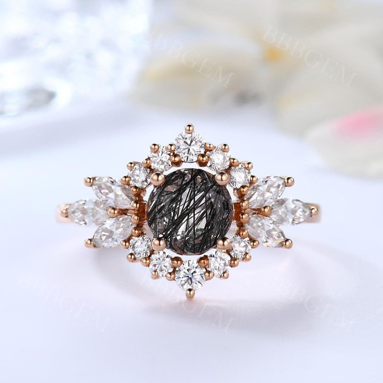 Oval Cut Black Rutilated Quartz Engagement Ring Marquise Moissanite Cluster Halo