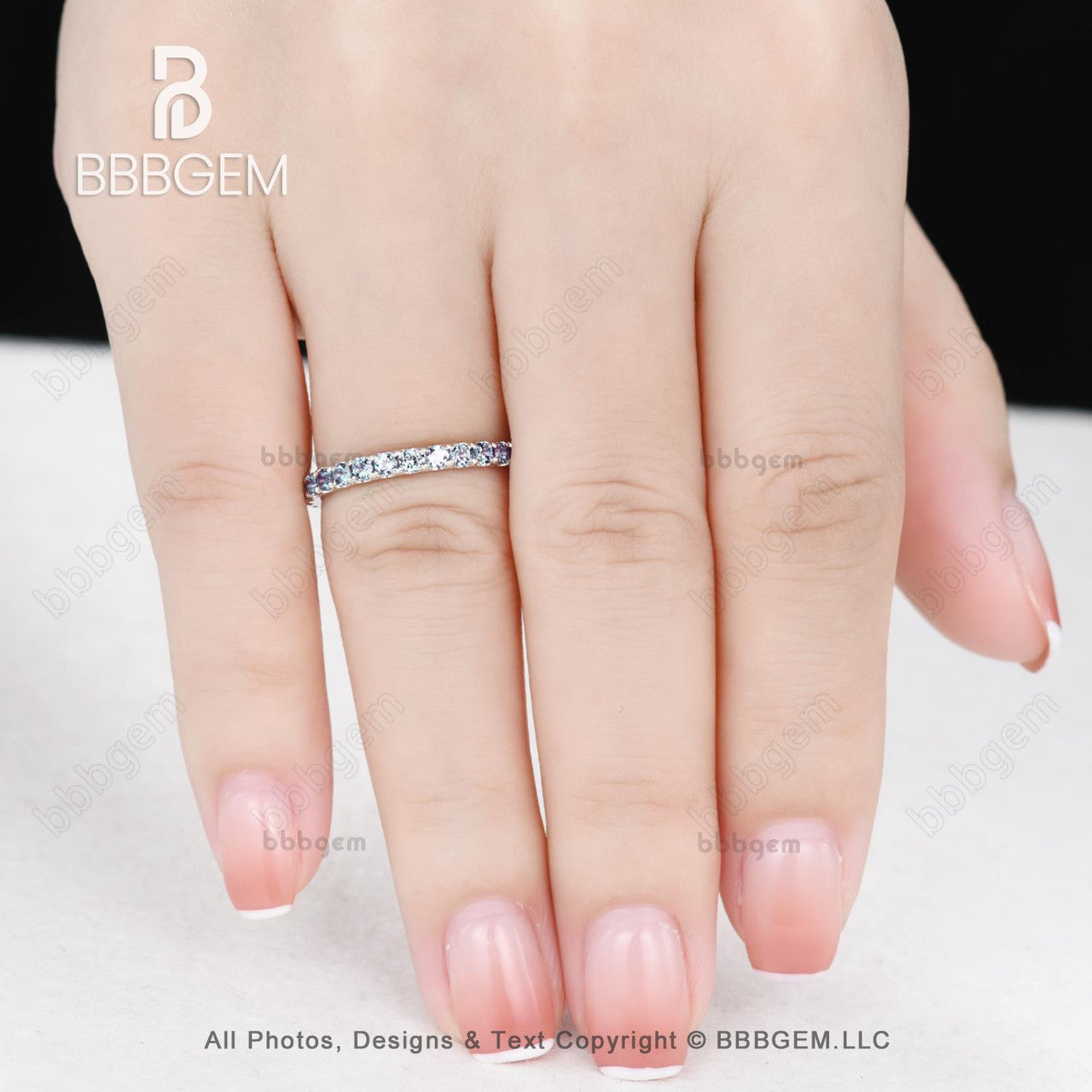 Round Cut Lab Alexandrite band/14k white gold/Stackable bridal wedding band/Full Eternity Ring/Petite pave anniversary ring/Prongs Set