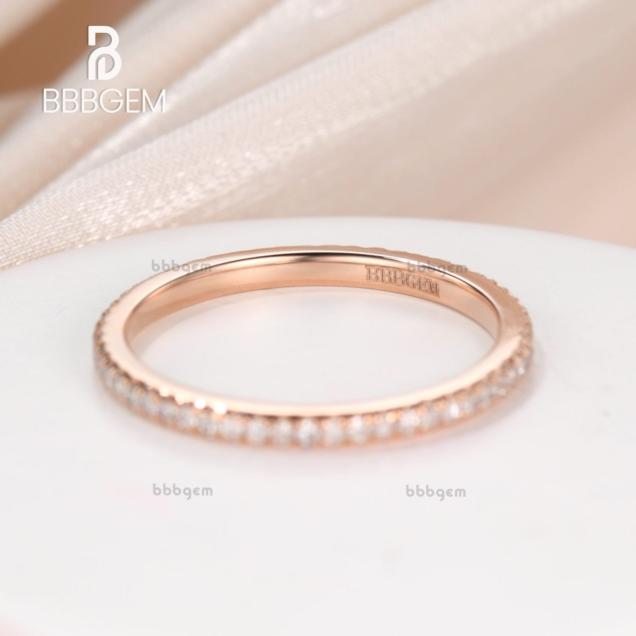 Round Diamond Wedding Ring Solid 14K Rose Gold Micro Pave Thin Design Full Eternity Matching Band