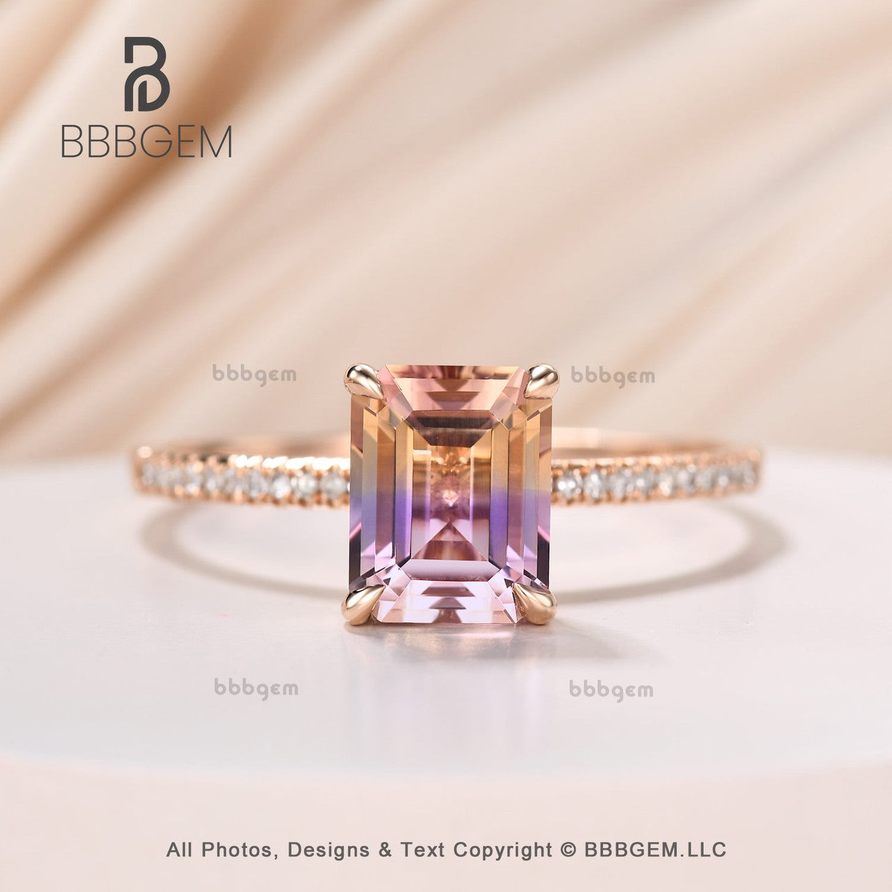 Solitaire Ametrine Ring, Prongs set ring, 14k rose gold, Emerald cut Ametrine ring, Valentine Gift for her, Simple everyday ring