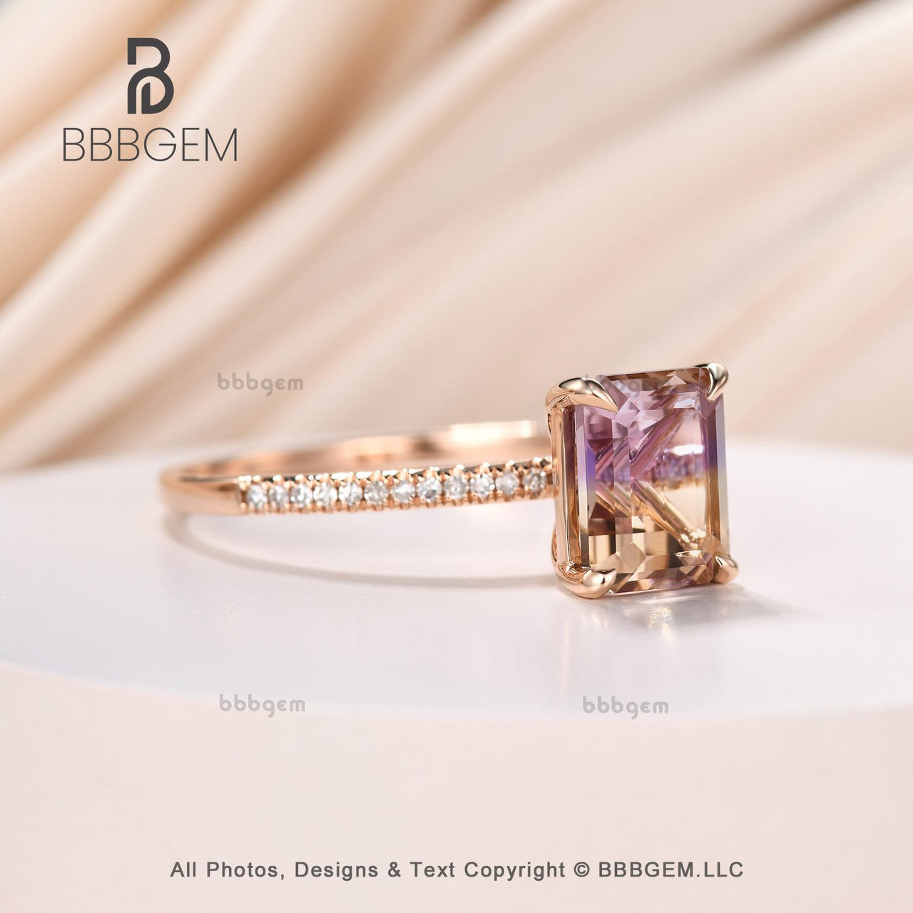 Solitaire Ametrine Ring, Prongs set ring, 14k rose gold, Emerald cut Ametrine ring, Valentine Gift for her, Simple everyday ring