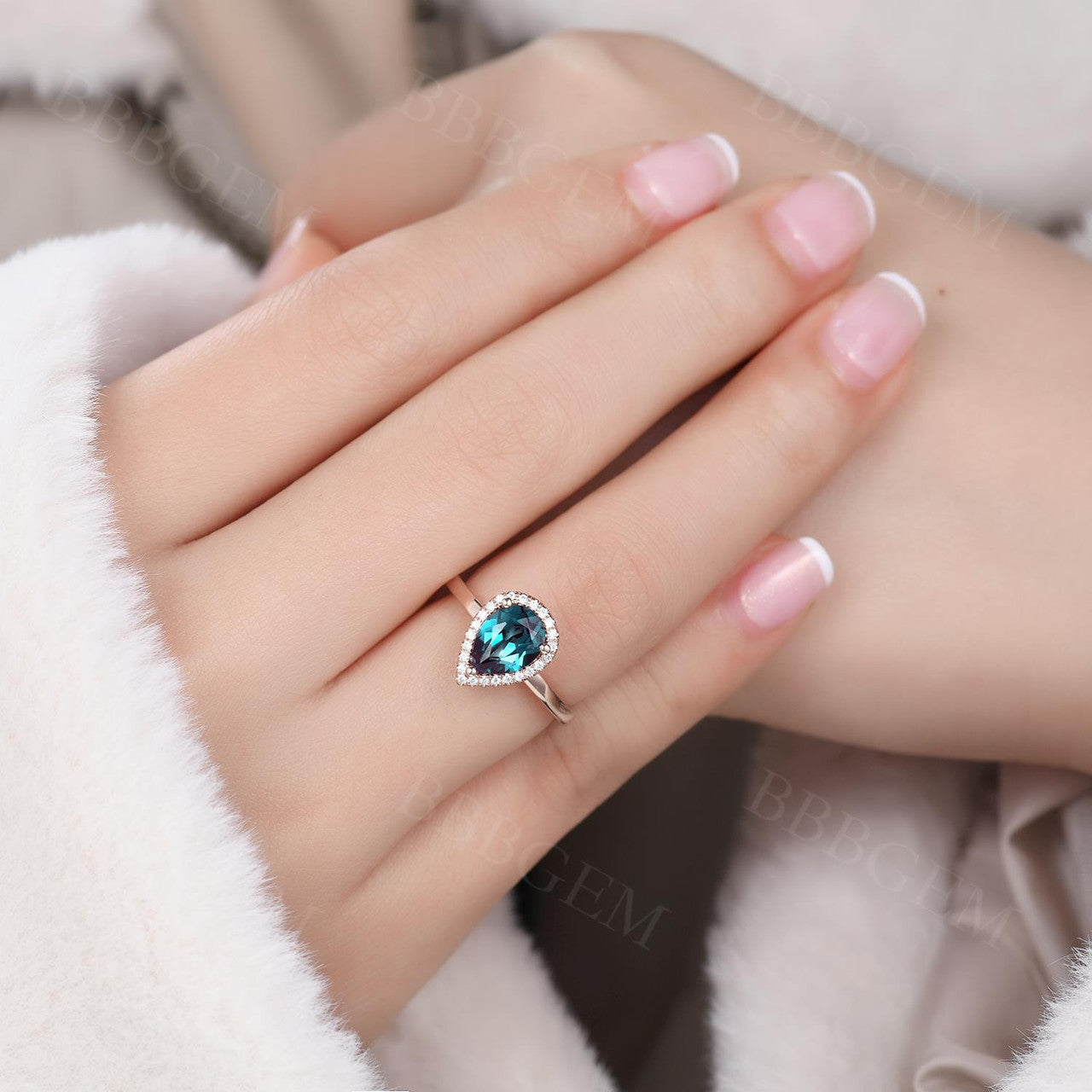 Solitaire Gold Ring Alexandrite-Pear Halo Alexandrite Engagement Ring-BBBGEM Alexandrite Halo Ring Pink Gold (2)
