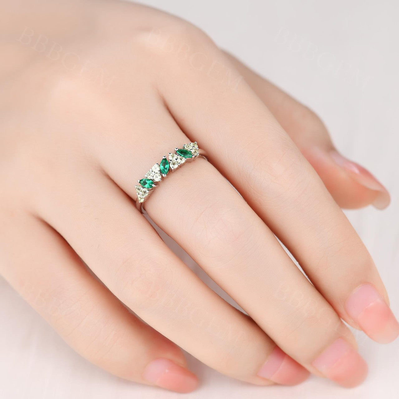 Stackable Marquise Emerald And Three Stone Peridot Wedding Promise Ring Everyday Band White Gold-Cluster Emerald and Peridot rainbow gemstone wedding band