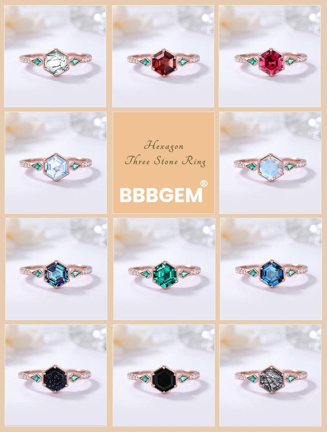 Delicate Hexagon Lab-created Alexandrite Ring With Kite Cut Emerald Rose Gold Diamond Stacking Band