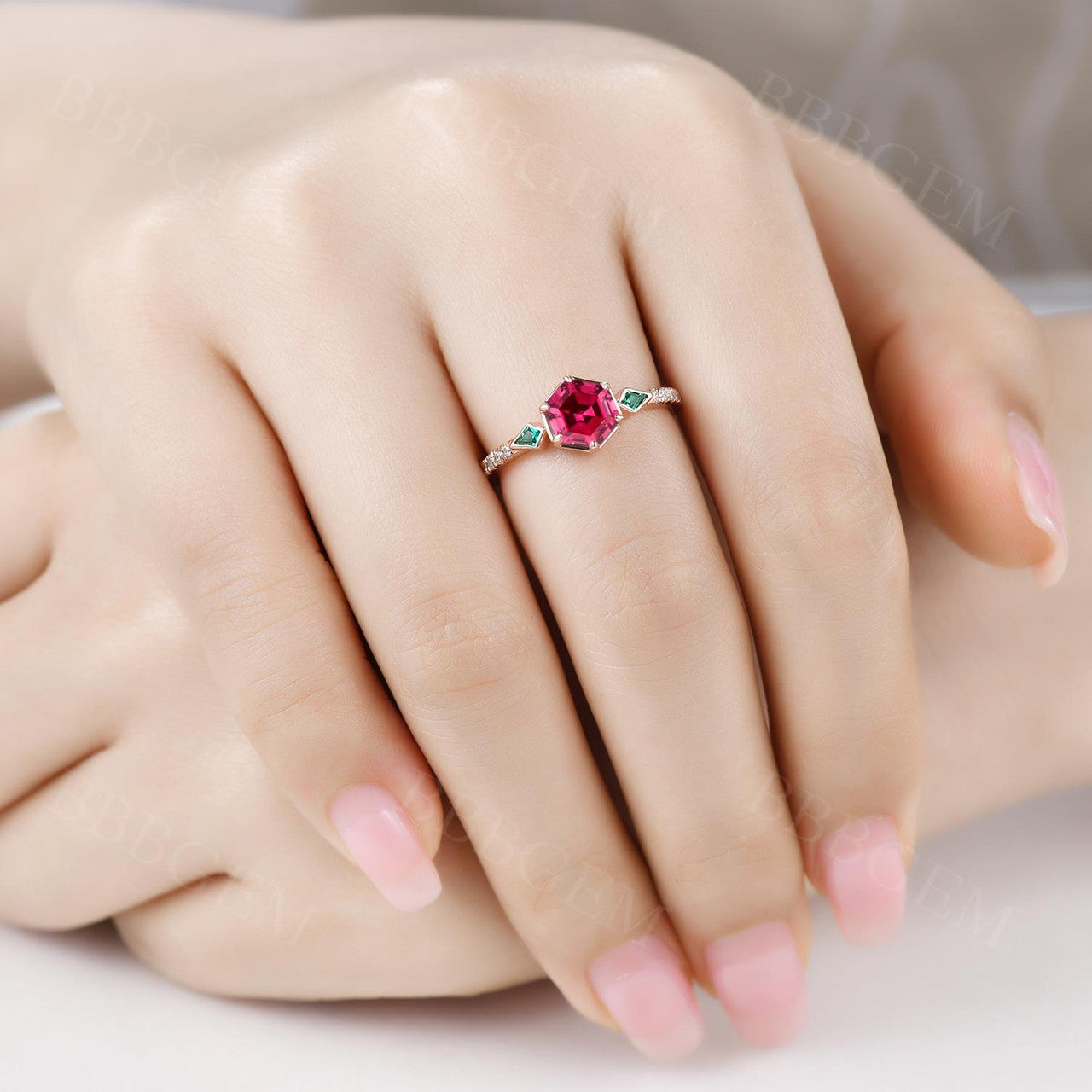 Three stone ruby ring with kite cut side emerald-Three-Stone Hexagon and Kite Ruby Emerald Engagement Ring-BBBGEM Pink Hexagon Ruby Ring Jewelry