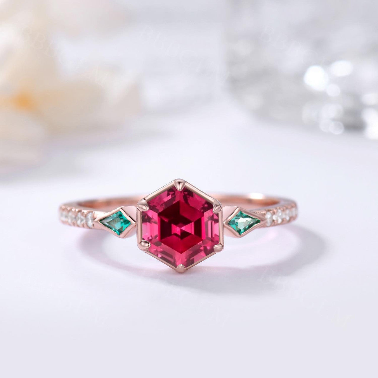 Three stone ruby ring with kite cut side emerald-Three-Stone Hexagon and Kite Ruby Emerald Engagement Ring-BBBGEM Pink Hexagon Ruby Ring Jewelry