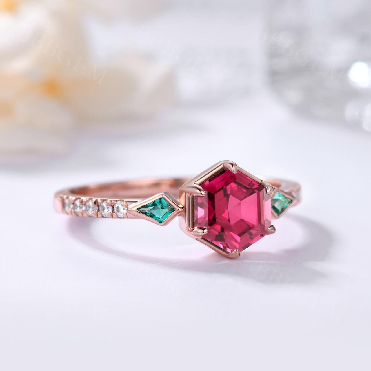Three stone ruby ring with kite cut side emerald-Three-Stone Hexagon and Kite Ruby Emerald Engagement Ring-BBBGEM Pink Hexagon Ruby Ring Jewelry