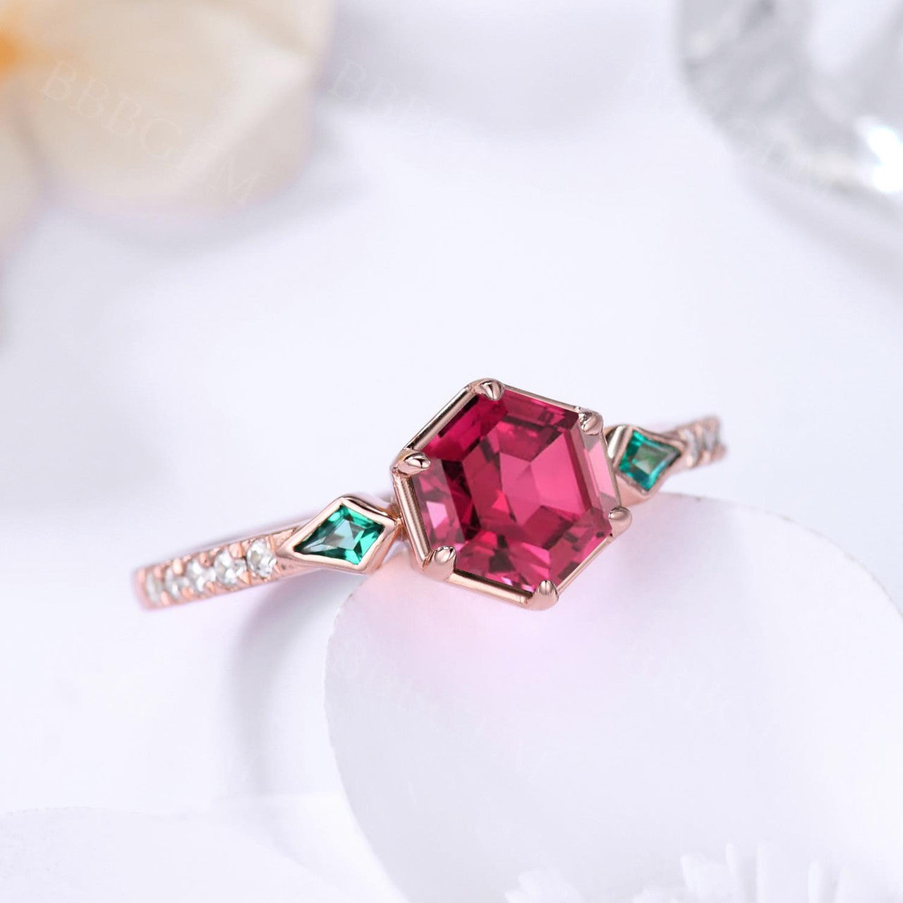 Three stone ruby ring with kite cut side emerald-Three-Stone Hexagon and Kite Ruby Emerald Engagement Ring-BBBGEM Pink Hexagon Ruby Ring Jewelry