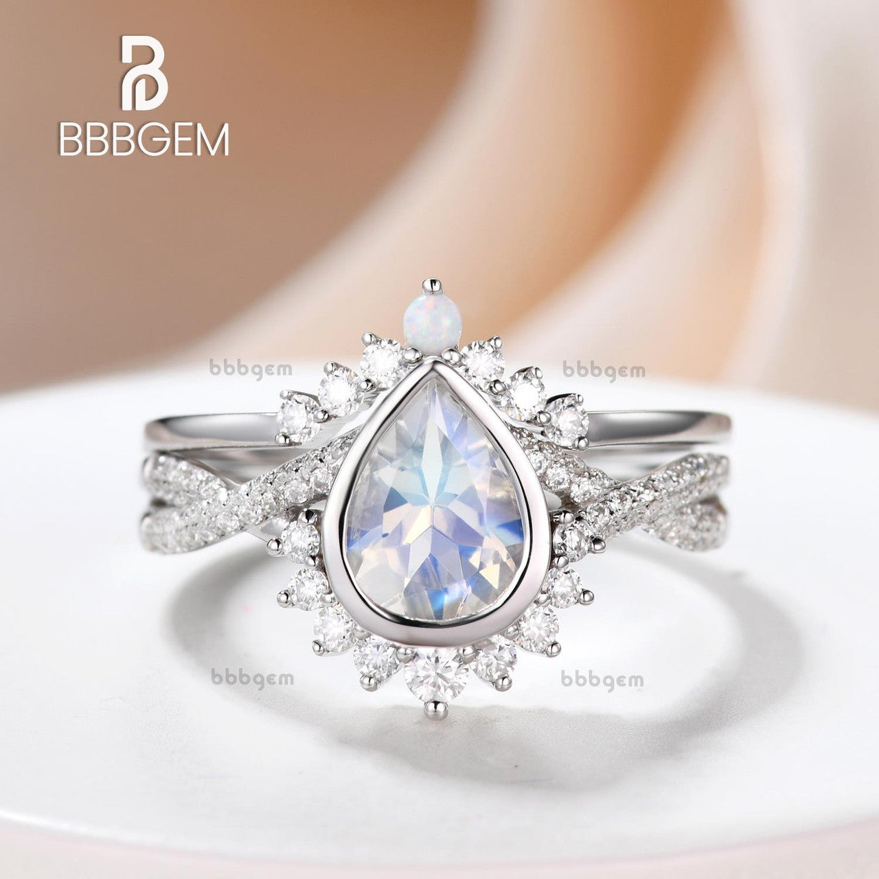 Vintage Pear Shape Moonstone Engagement Ring Set Diamond Infinity