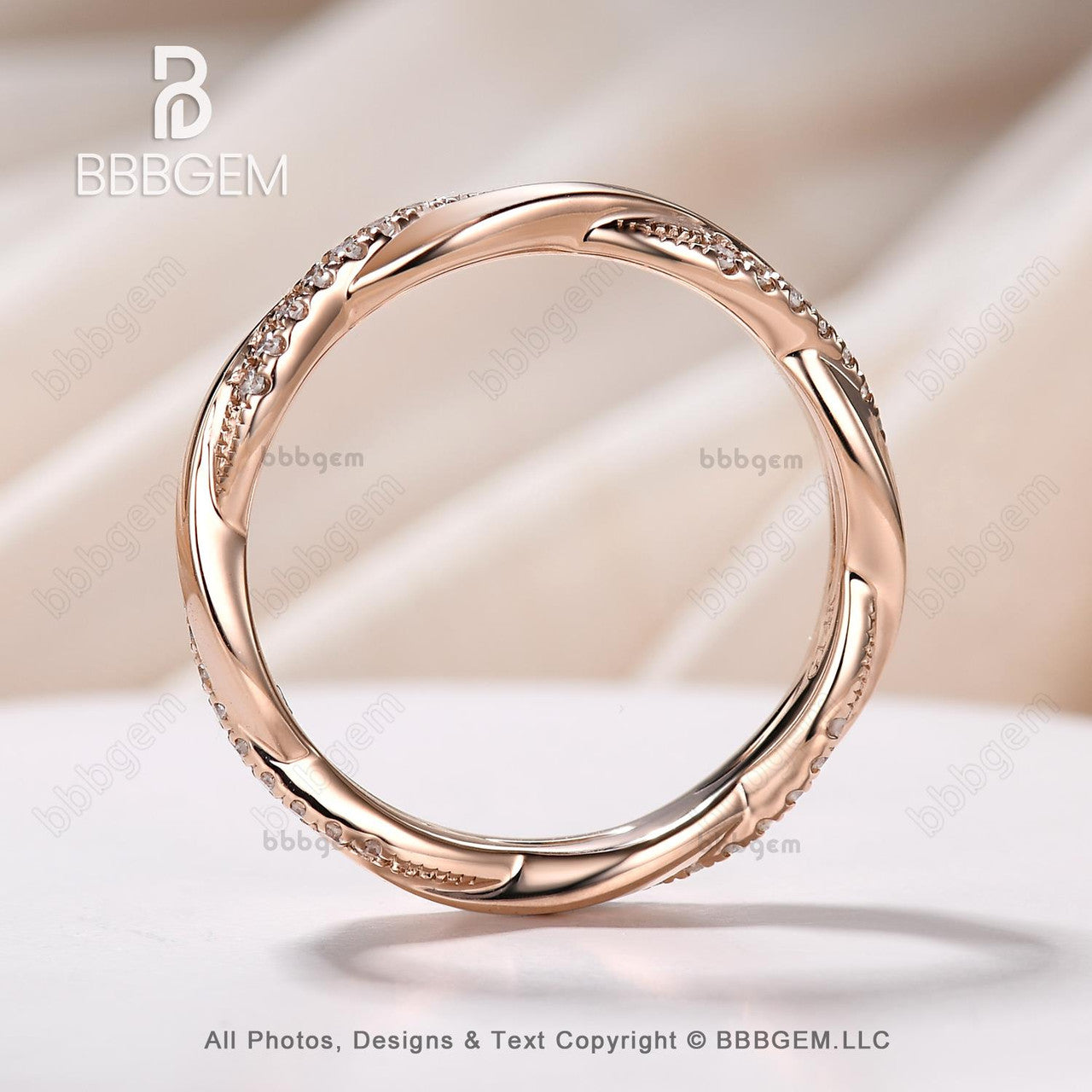 Twist Diamond Wedding Band in Solid Rose Gold Stacking Matching Wedding Ring