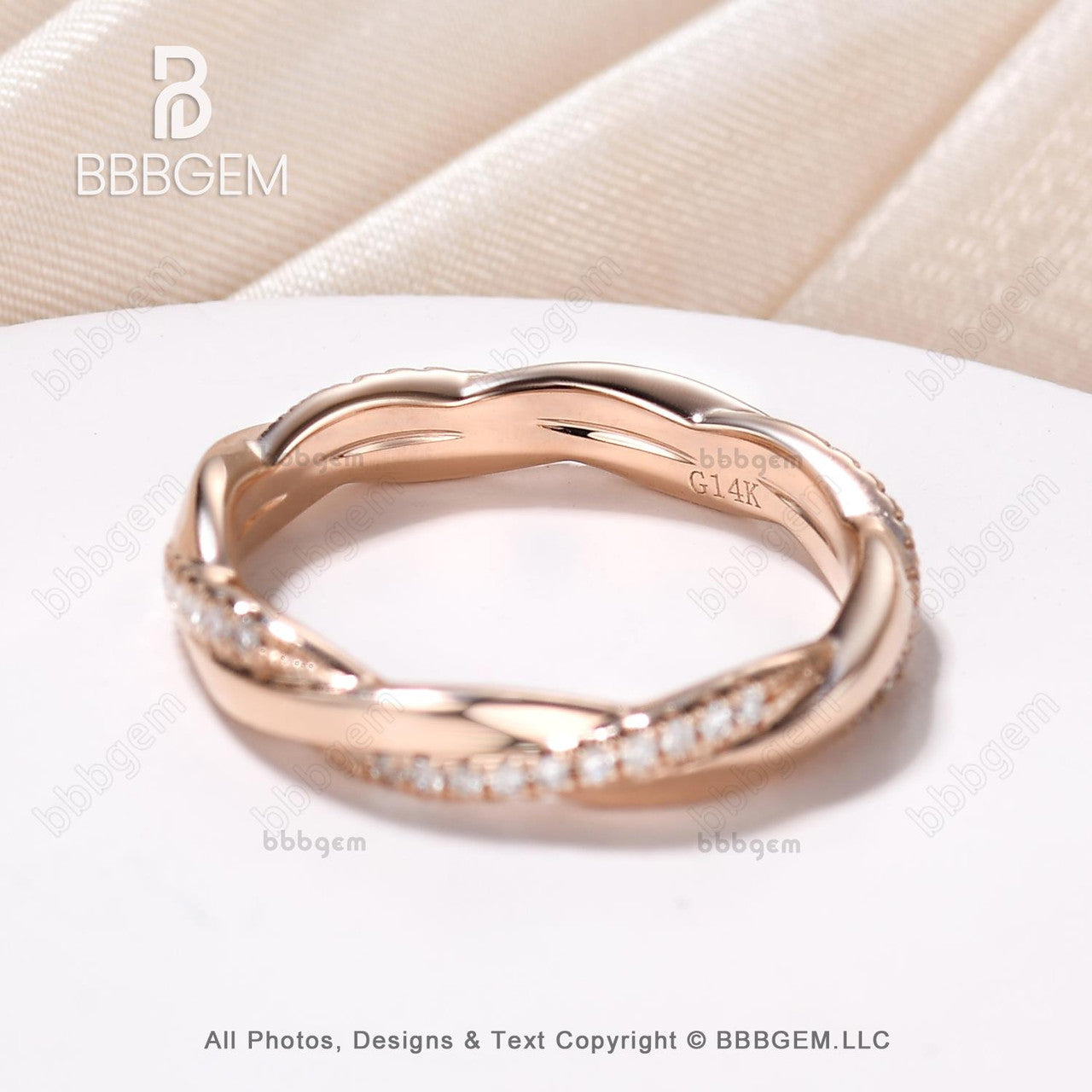 Twist Diamond Wedding Band in Solid Rose Gold Stacking Matching Wedding Ring