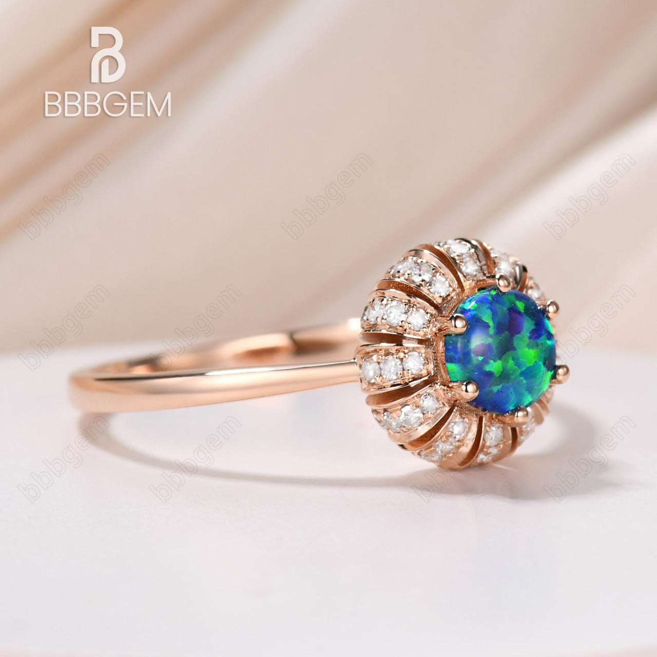 Unique Black Opal Diamond Engagement Ring Sun Flower 14K/18K Gold