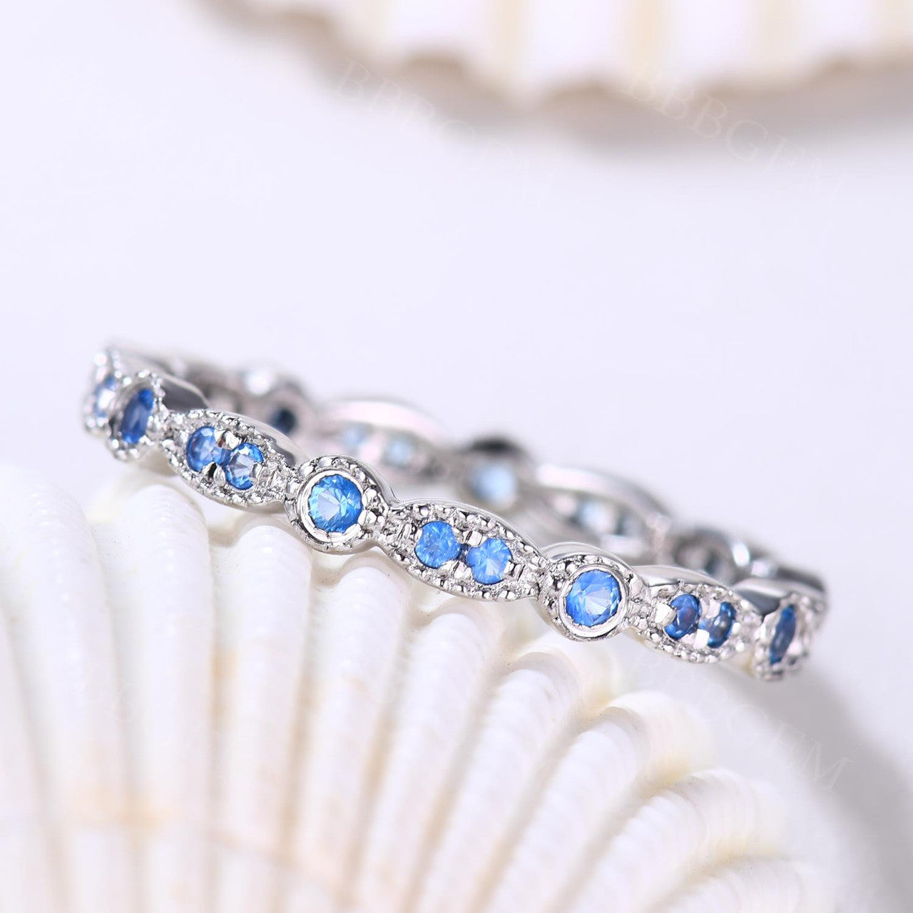 Full Eternity Natural Blue Topaz Wedding Band in 14k/18k White Gold Milgrain Band