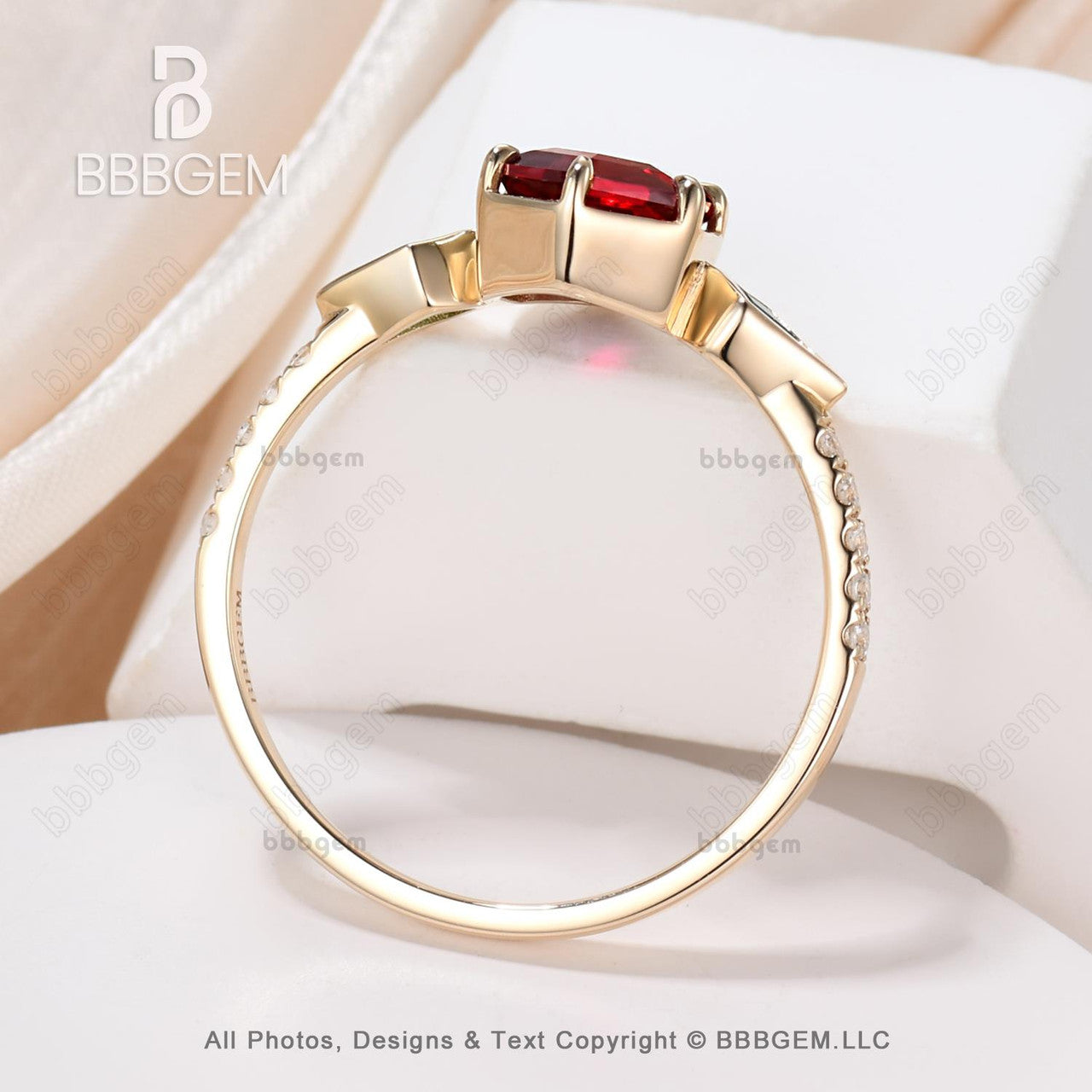 Unique Hexagon Garnet and Emerald Engagement RIng Bezel Set-Yellow Gold