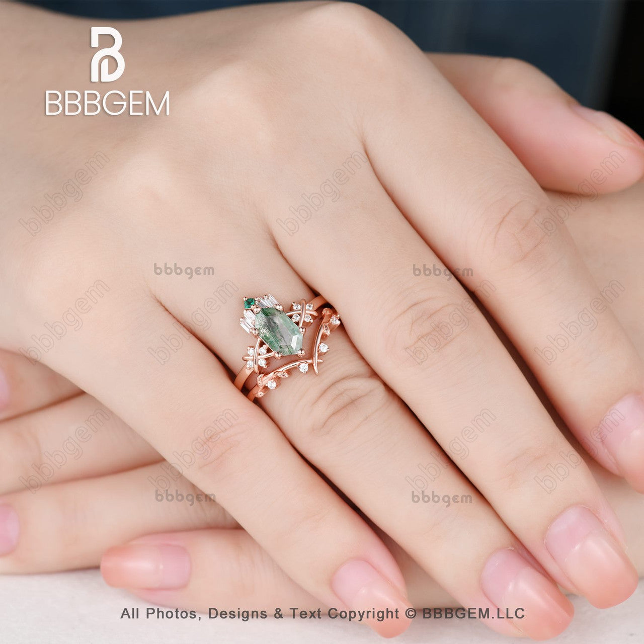 Unique Long Hexagon Cut Moss Agate Bridal Ring Set-Art Deco Long Hexagon Moss Agate Wedding Ring Set-bbbgem (4)