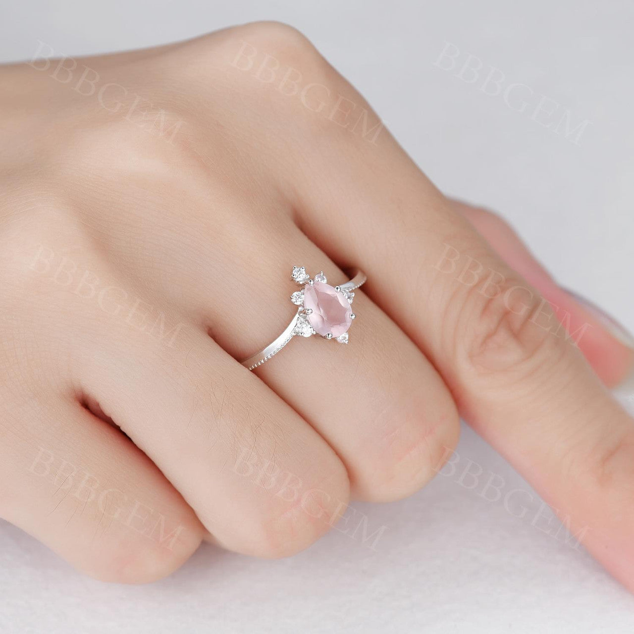 Unique 0.8CT Pear Cut Rose Quartz Engagement Ring Milgrain Band White Gold