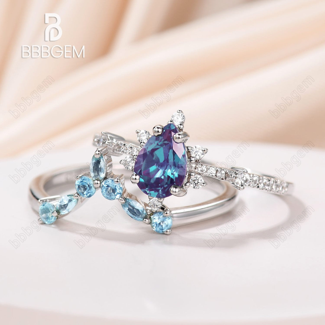 Unique Pear Cut Alexandrite Engagement Ring Curved Topaz Matching Band-bbbgem alexandrite ring set