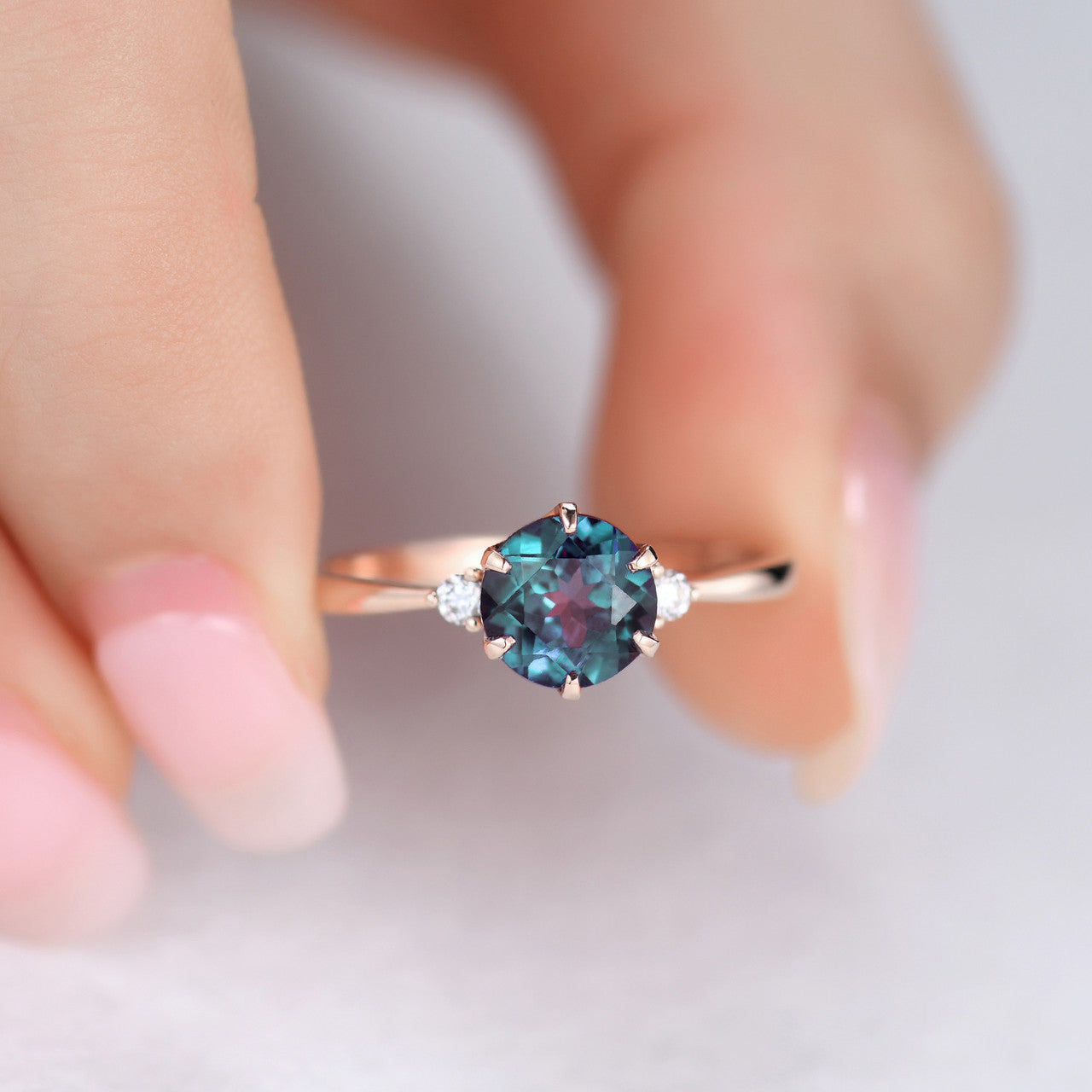 Vintage 7mm Round Alexandrite Engagement Ring With Moissanite Three Stone 6 Prong Ring