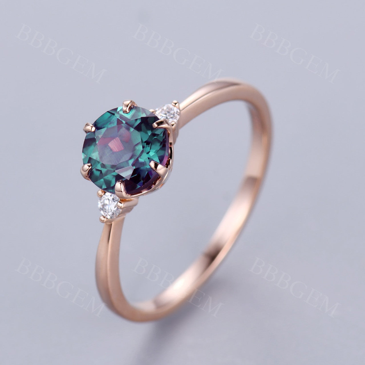 Vintage 7mm Round Alexandrite Engagement Ring With Moissanite Three Stone 6 Prong Ring