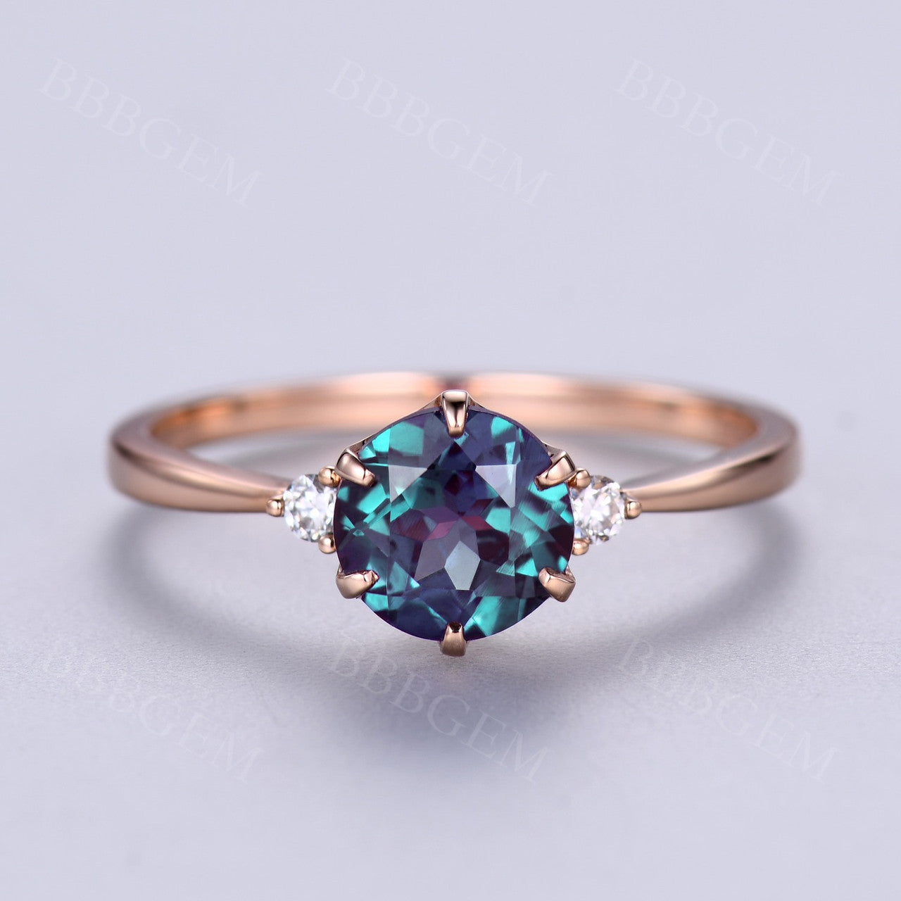 Three Stone Alexandrite Engagement Ring-Lab Created Alexandrite Rings-BBBGEM 7mm Round Alexandrite Moissanite Engagement Rings