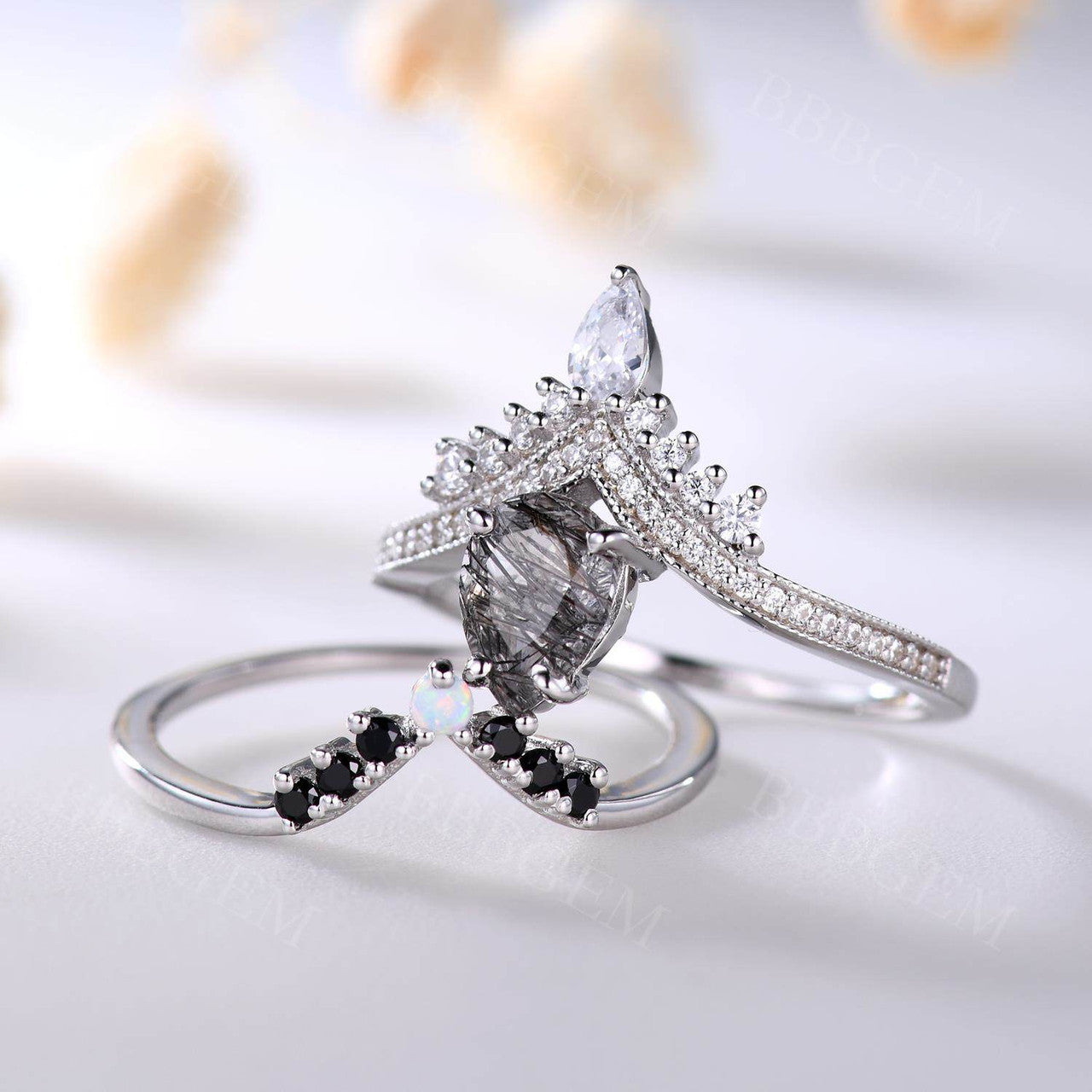 rutilated quartz ring gold white-BBBGEM rutilated quartz wedding ring set