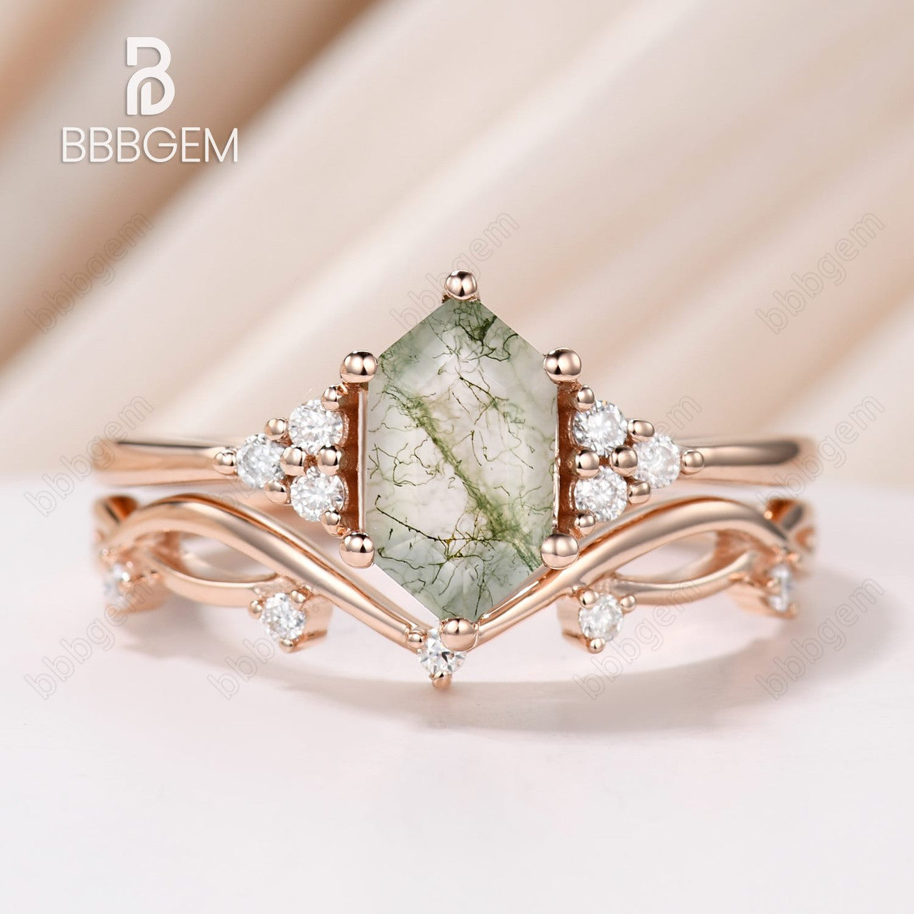 Vintage Branched Leave Vine Long Hexagon Cut Moss Agate Art Deco Promise Ring Set for Women Nature Inspired-14k rose gold moss agate ring set 2pcs