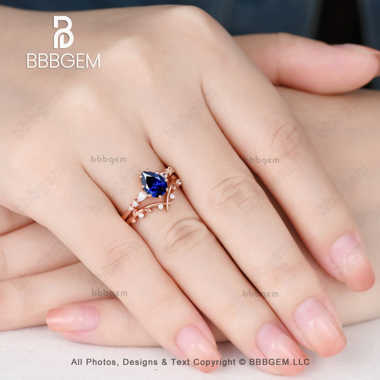 Vintage Branched Leave Vine Pear Lab Blue Sapphire Art Deco Promise Ring Set for Women Nature Inspired Ring Set