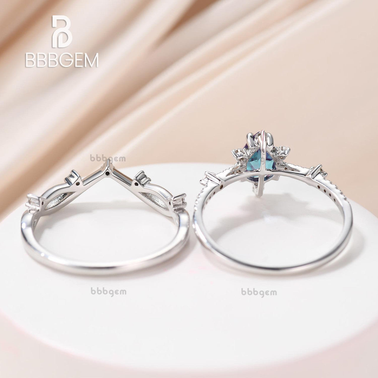 Vintage Branched Leave Vine Teardrop Cut Alexadrite Art Deco Promise Ring Set for Women Nature Inspired