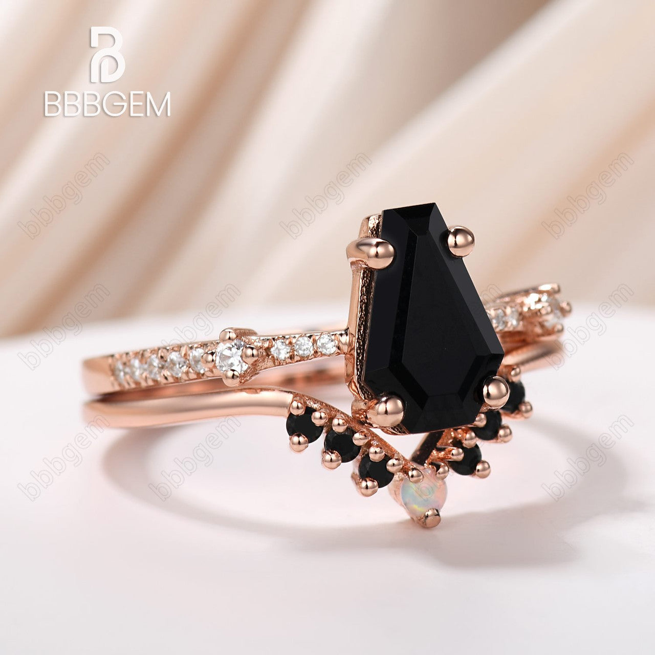 Vintage Coffin Cut Black Onyx Engagement Ring Set with Balck Spinel Opal Nesting Band-witch ring set-Goth Black Ring Set-bbbgem coffin jewelry