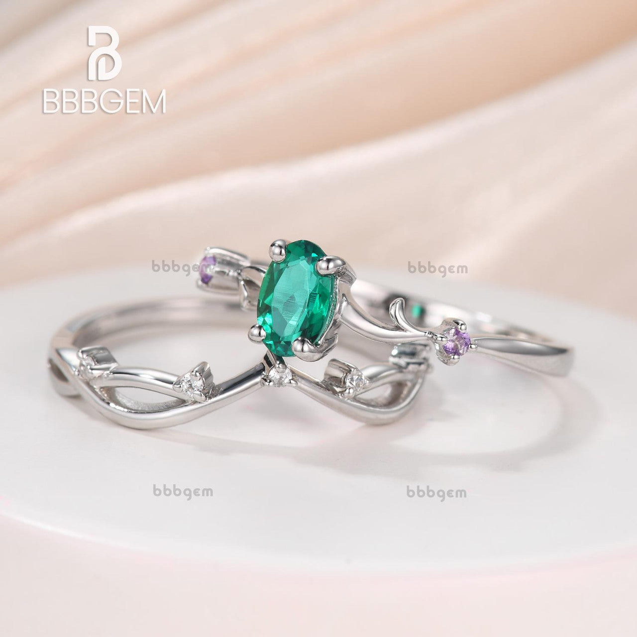 Vintage Emerald Amethyst Twig Engagement Ring Set White Gold twig Ring For Woman Anniversary Ring Twisted Ring