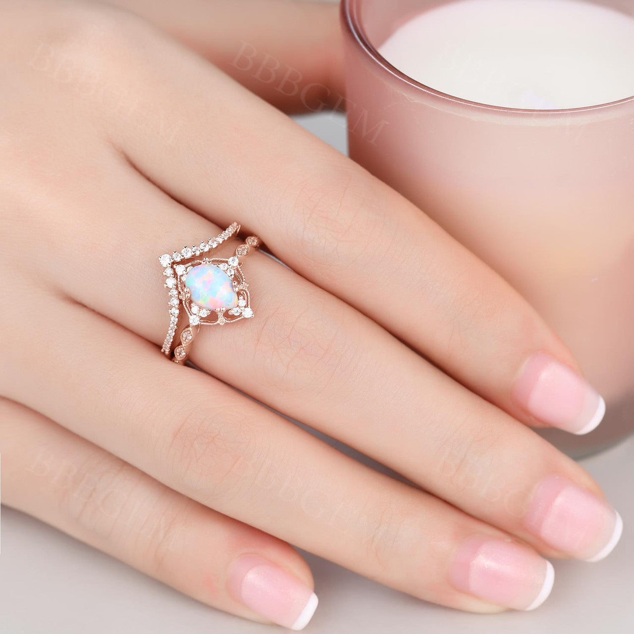 Vintage Pink Opal Engagement Ring Set Rose Gold Rings for Women Bridal Anniversary Ring Set